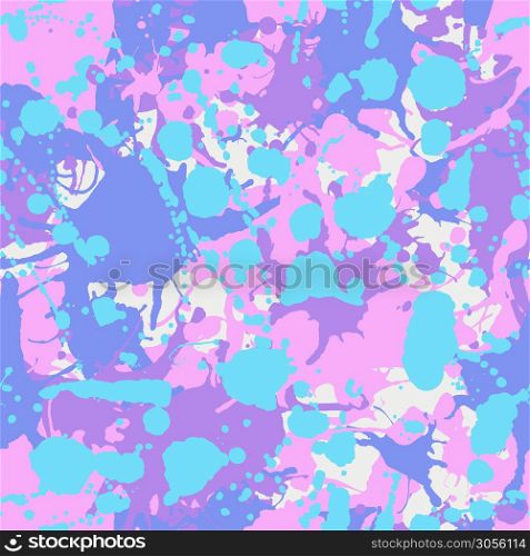 Blue pink purple white ink paint splashes camouflage vector colorful seamless pattern