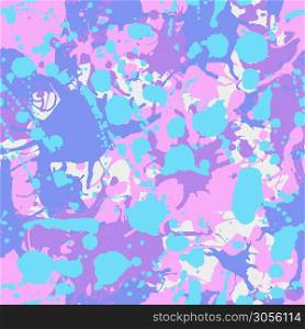 Blue pink purple white ink paint splashes camouflage vector colorful seamless pattern
