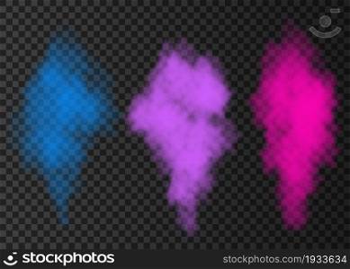 Blue, pink, violet smoke burst isolated on transparent background. Color steam explosion special effect. Realistic vector column of fire fog or mist texture .