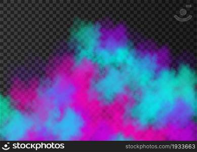 Blue, pink, violet smoke isolated on transparent background. Color steam special effect. Realistic colorful vector fire fog or mist texture.