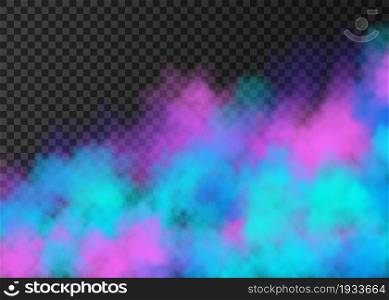 Blue, pink, violet smoke isolated on transparent background. Color steam special effect. Realistic colorful vector fire fog or mist texture.