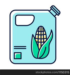 Blue plastic bottle of corn oil color icon. Organic chemistry. Vegetable oil production and distribution. Corn ethanol for biofuel. Gasoline substitute. Isolated vector illustration