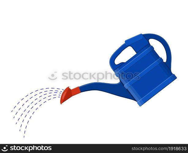 Blue plastic watering can, water sprayed from watering can, drops in the air. Vector illustration in flat style. Blue plastic watering can,