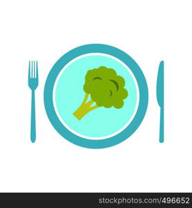 Blue plate with piece of broccoli flat icon isolated on white background. Blue plate with piece of broccoli flat icon