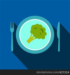 Blue plate with piece of broccoli flat icon on a blue background. Blue plate with piece of broccoli flat icon
