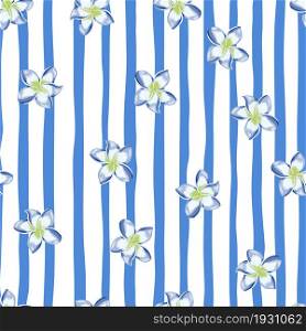 Blue plumeria flower seamless pattern on stripe background. Exotic tropical wallpaper. Abstract botanical backdrop. Design for fabric , textile print, wrapping, cover. Vector illustration.. Blue plumeria flower seamless pattern on stripe background.