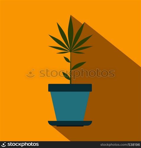 Blue pot with hemp icon in flat style on yellow background. Hemp pot icon, flat style