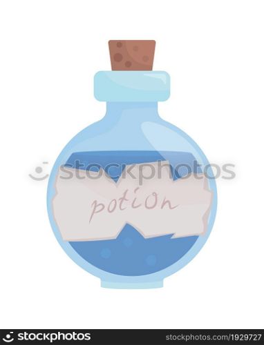 Blue potion bottle semi flat color vector item. Apothecary vial. Realistic object on white. Halloween decoration isolated modern cartoon style illustration for graphic design and animation. Blue potion bottle semi flat color vector item