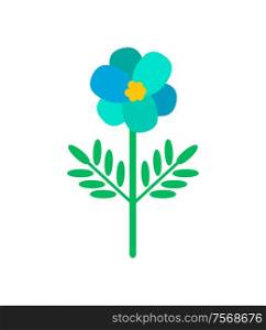 Blue Primula flower in cartoon style. Vector isolated blooming bud with green leaves, botanical icon with color floral element, romantic spring blossom. Blue Primula Flower in Cartoon Style Vector Icon