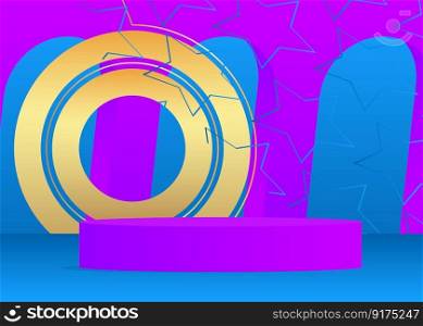 Blue, purple and gold product display. Mockup vector room, cylinder pedestal podium. Abstract stage showcase for presentation. Minimal geometric forms background.
