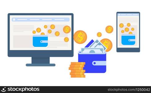 Blue Purse with Money Between of Computer Monitor and Smartphone with Wallet on Screen. Mobile Payments. Online Banking. Wireless Virtual Money Transfer, E-wallet. Flat Vector Illustration, Icon.. Blue Purse Between of Monitor and Smartphone.