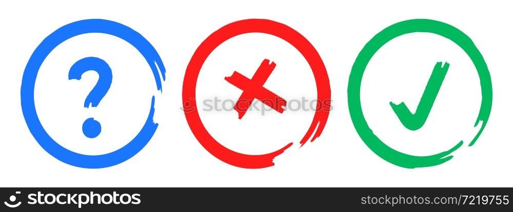 Blue question, red X, green tick in circles, approval sign collection. Vector test, quiz, survey, choice option templates.. Blue question, red X, green tick in circles, approval sign collection. Test, quiz, survey, choice option templates.