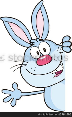 Blue Rabbit Cartoon Character Looking Around A Blank Sign And Waving