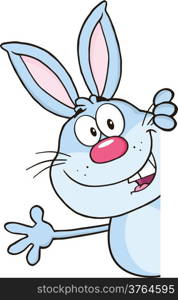 Blue Rabbit Cartoon Character Looking Around A Blank Sign And Waving