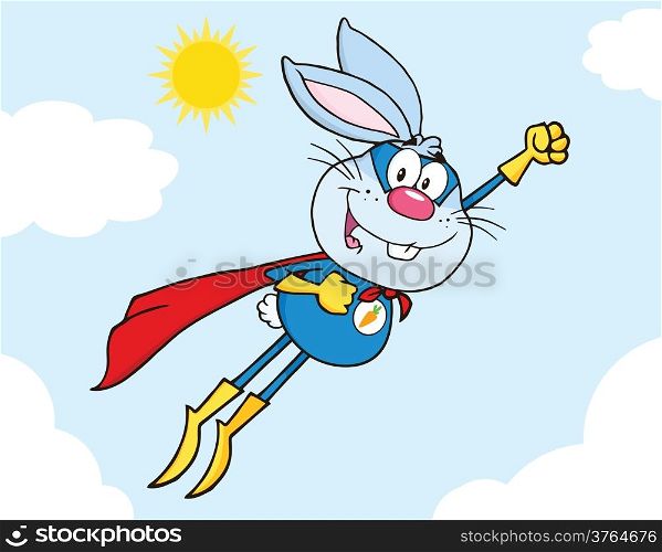 Blue Rabbit Superhero Cartoon Character Flying In The Sky