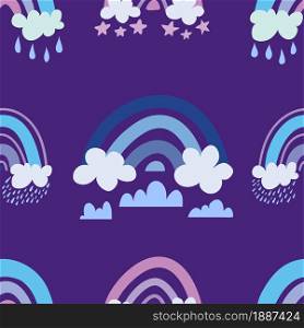 blue rainbows with clouds, raindrops and stars - seamless pattern on a dark purple background. Vector illustration in children's style
