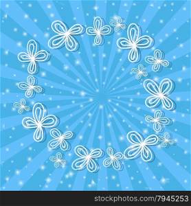 Blue rays background with abstract white flowers and place for text.. Blue rays background with abstract white flowers and place for text