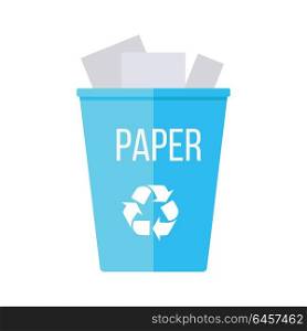 Blue Recycle Garbage Bin with Paper. Blue recycle garbage bin with paper. Reuse or reduce symbol. Plastic recycle trash can. Trash can icon in flat. Waste recycling. Environmental protection. Vector illustration.
