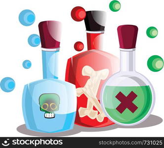 Blue red and green poison halloween bottles vector illustration on white background.