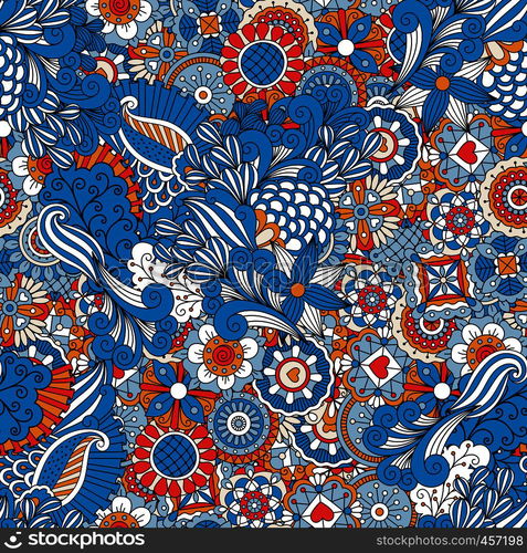 Blue red and orange vintage design floral pattern made from geometric flowers and kaleidoscope forms. Blue red and orange vintage floral pattern