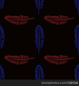 Blue Red Feathers Seamless Pattern on Brown Background. Blue Red Feathers Seamless Pattern