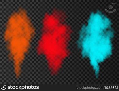 Blue, red, orange smoke burst isolated on transparent background. Color steam explosion special effect. Realistic vector column of fire fog or mist texture .