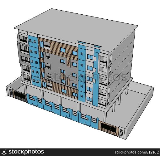 Blue residential building, illustration, vector on white background.