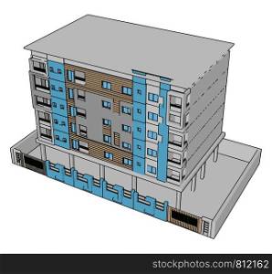Blue residential building, illustration, vector on white background.