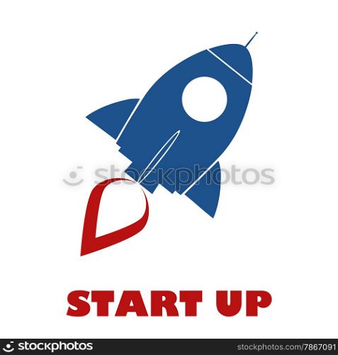 Blue Retro Rocket Ship Concept. Illustration Isolated On White With Text