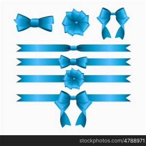 Blue Ribbon and Bow Set for Birthday and Christmas Gift Box. Realistic Silk Ribbon Decoration. Vector Illustration EPS10 . Blue Ribbon and Bow Set for Birthday Christmas Gift Box. Rea