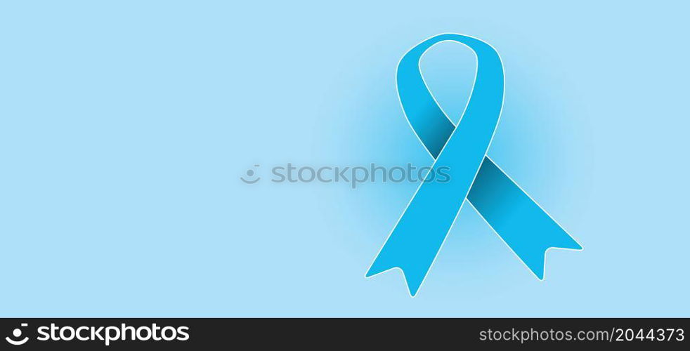 Blue ribbon and light blue background banner. National world prostate cancer awareness month. November, prevention month concept. Ribbons pictogram. Men's health symbol.