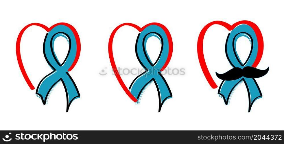 Blue ribbons with love heart pictogram. Flat vector medical logo. Men's Day. No shave or shaving moustache, mustache or beard men face. Prostate cancer month in november.