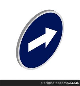 Blue road sign pointing right icon in isometric 3d style on a white background. Blue road sign pointing right icon