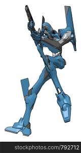 Blue robot with gun, illustration, vector on white background.