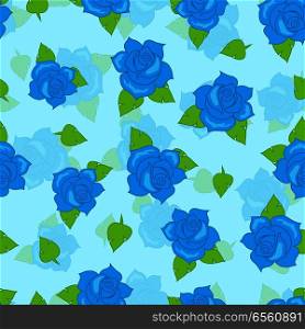 Blue rose with green leaves seamless pattern. Illustration of isolated big blossoms in cartoon style walllpaper, wrapping paper. Fashion decoration endless texture. Floral embellishment. Vector. Blue Rose with Green Leaf Seamless Pattern Vector