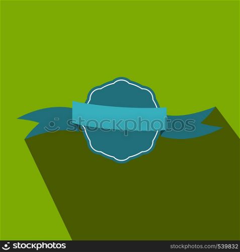 Blue rosette with ribbon icon in flat style on a light green background. Blue rosette with ribbon icon in flat style
