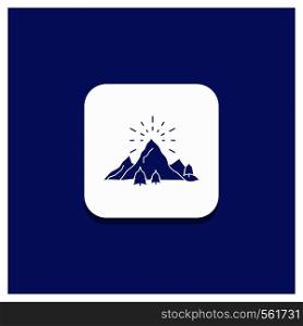 Blue Round Button for hill, landscape, nature, mountain, fireworks Glyph icon. Vector EPS10 Abstract Template background