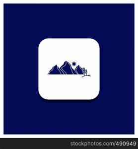 Blue Round Button for hill, landscape, nature, mountain, scene Glyph icon. Vector EPS10 Abstract Template background