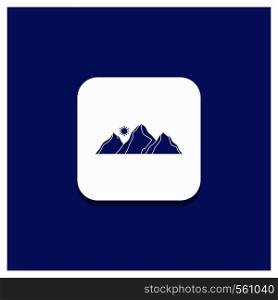 Blue Round Button for hill, landscape, nature, mountain, sun Glyph icon. Vector EPS10 Abstract Template background
