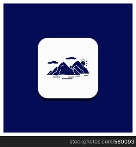Blue Round Button for Mountain, hill, landscape, nature, evening Glyph icon. Vector EPS10 Abstract Template background