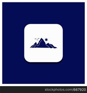 Blue Round Button for mountain, landscape, hill, nature, sun Glyph icon. Vector EPS10 Abstract Template background