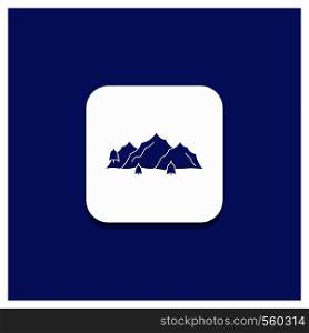 Blue Round Button for mountain, landscape, hill, nature, tree Glyph icon. Vector EPS10 Abstract Template background