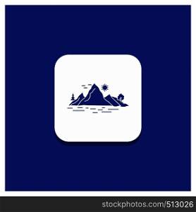 Blue Round Button for Nature, hill, landscape, mountain, tree Glyph icon. Vector EPS10 Abstract Template background
