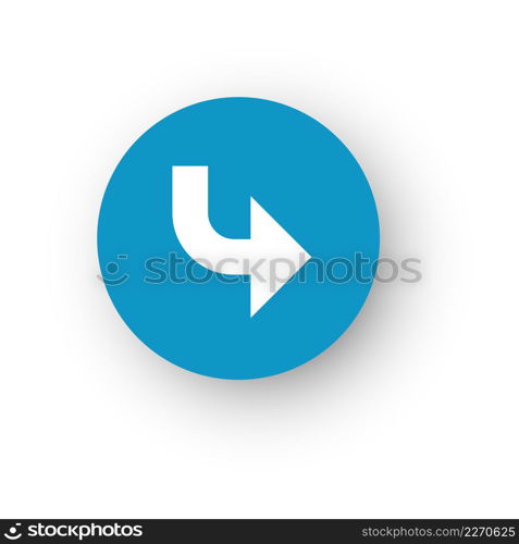 Blue round button with arrow pointing right. Return sign isolated on white background. Blue round button with arrow pointing right. Return sign