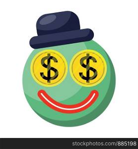 Blue round emoji face with dollar eyes and hat vector illustration on a white background