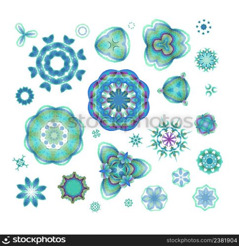 Blue round ornament pattern. Hand drawn background.. Blue vector mandala set.