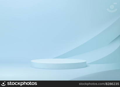 Blue round podium 3d realistic platform or pedestal mockup for products displaying. Vector studio background with circular low stand for cosmetics presentation. Sleek, modern, minimalist showcase. Blue round podium 3d realistic platform mockup