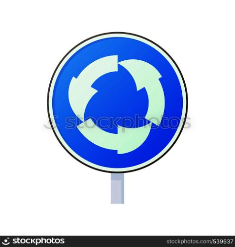 Blue round road sign with white arrows icon in cartoon style on a white background. Blue round road sign with white arrows icon