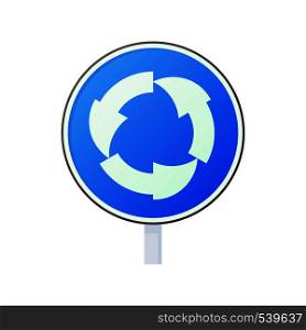 Blue round road sign with white arrows icon in cartoon style on a white background. Blue round road sign with white arrows icon