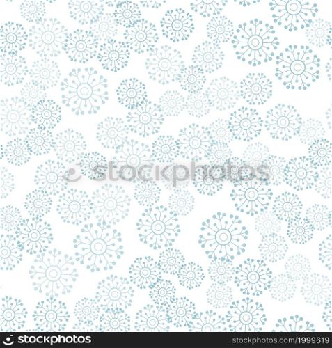 Blue round snowflakes are scattered on a white background. Design for decor, prints, textile, furniture, cloth, digital. Vector seamless pattern EPS 10